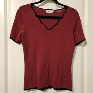 Laura Sweater Womens Red Black Trim V-Neck Short Sleeve Sweater Top SZ M